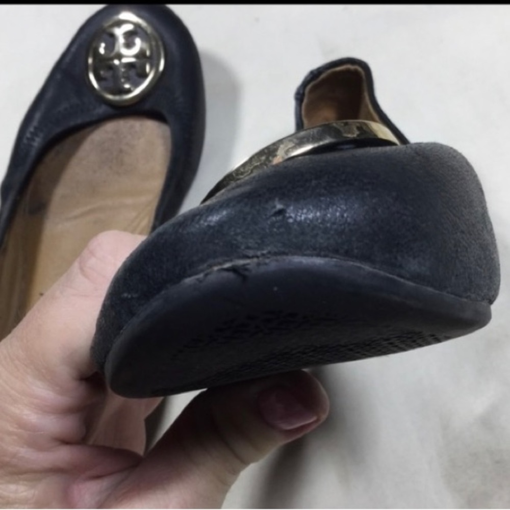 Tory Burch Benton Black Leather Ballet Flats with Gold Logo Women’s 10 - Picture 5 of 8